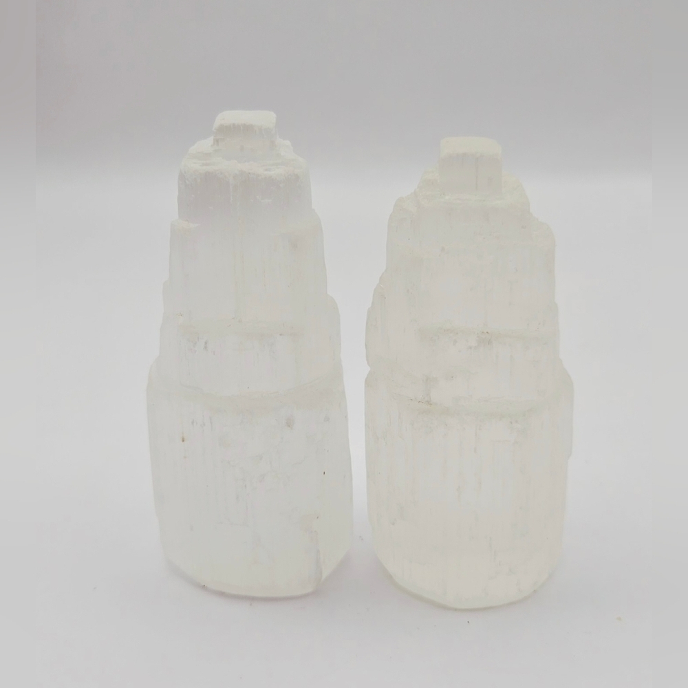 Pair of Mini Selenite Tower Crystal Carvings – Raw Polished Charging Stones 2.5"